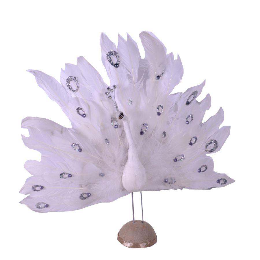 Pavone con piume bianco argento 46x43 cm