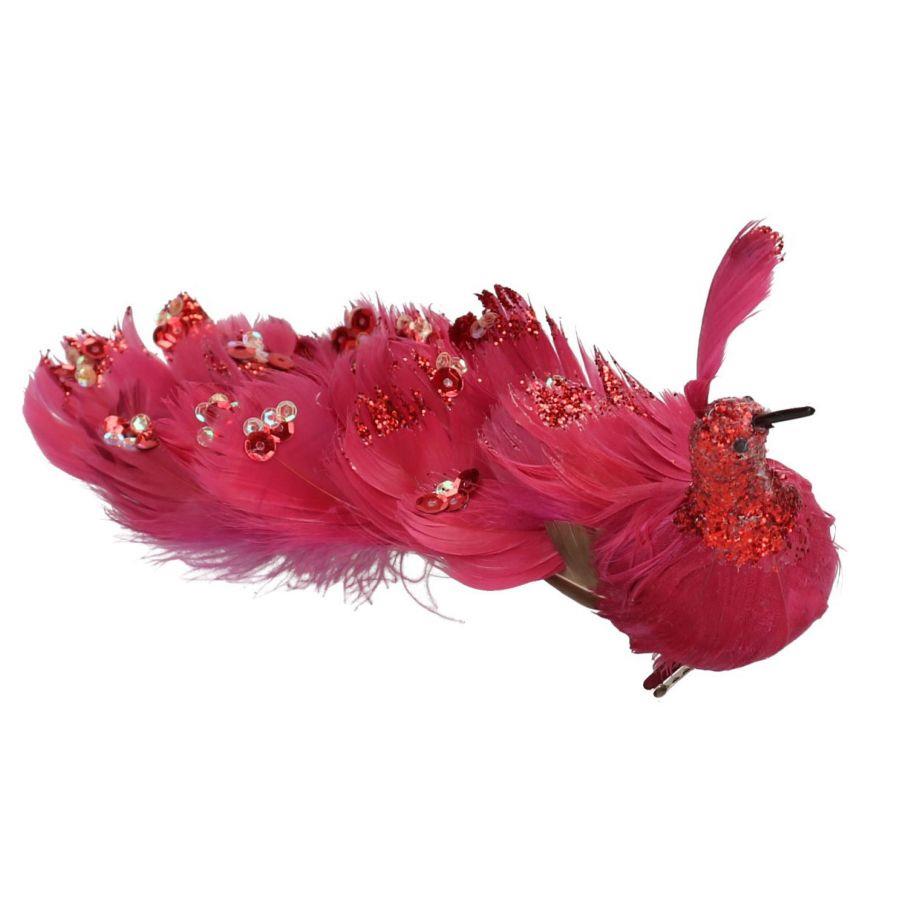 Pavone piume rosso con clip 30x5x11 cm
