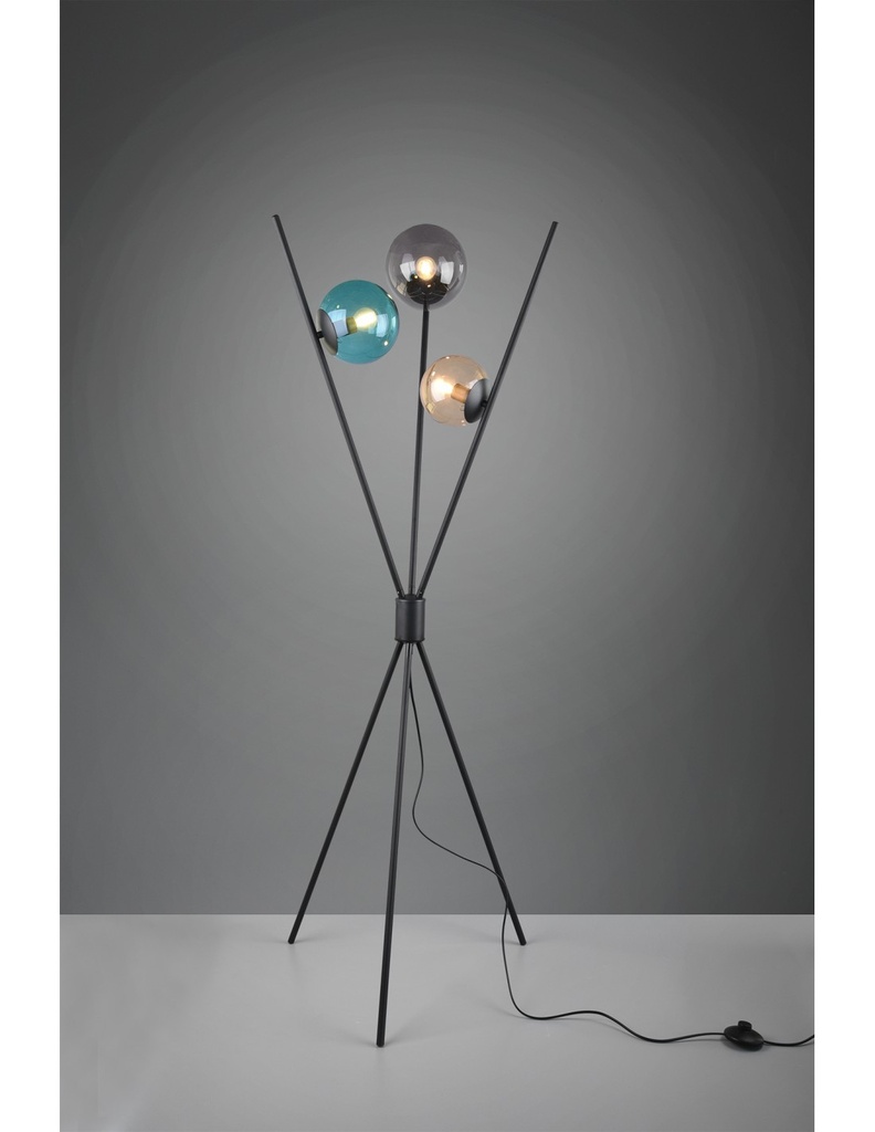 Piantana Moderna Treppiede Nero 3 Sfere Vetro Multicolor