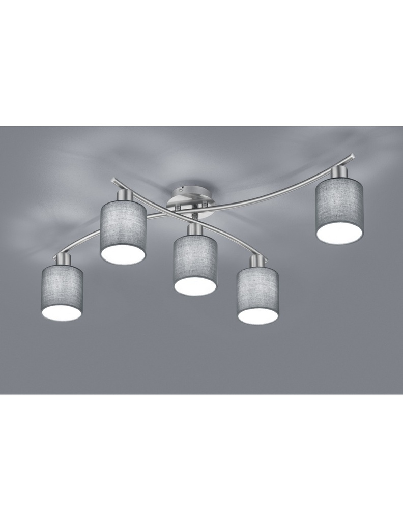 Plafoniera Nichel 5 Paralumi Tessuto Grigio L75 cm