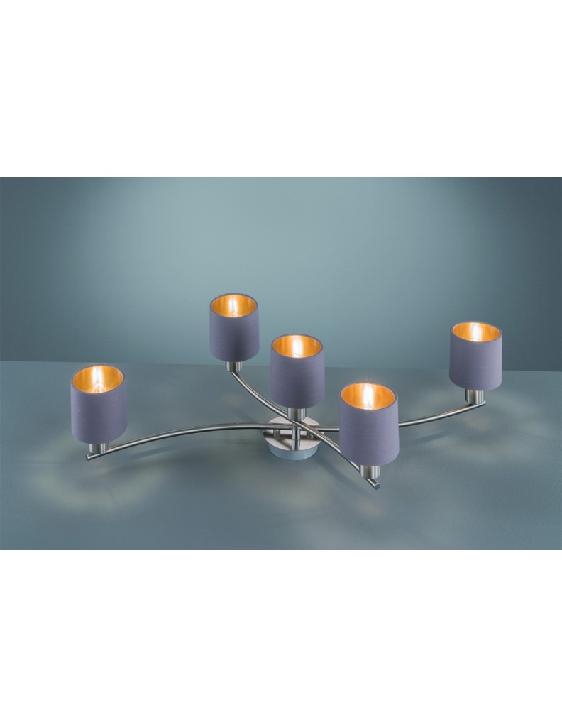 Plafoniera Nichel 5 Paralumi Tessuto Tortora Oro L75 cm