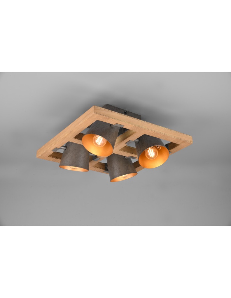 Plafoniera Quadrata 4 Spot Orientabili Legno E Metallo Nichel