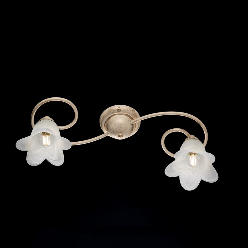 Plafoniera fiori  in ferro Avorio Oro due luci paralumi  56x26x h17 cm