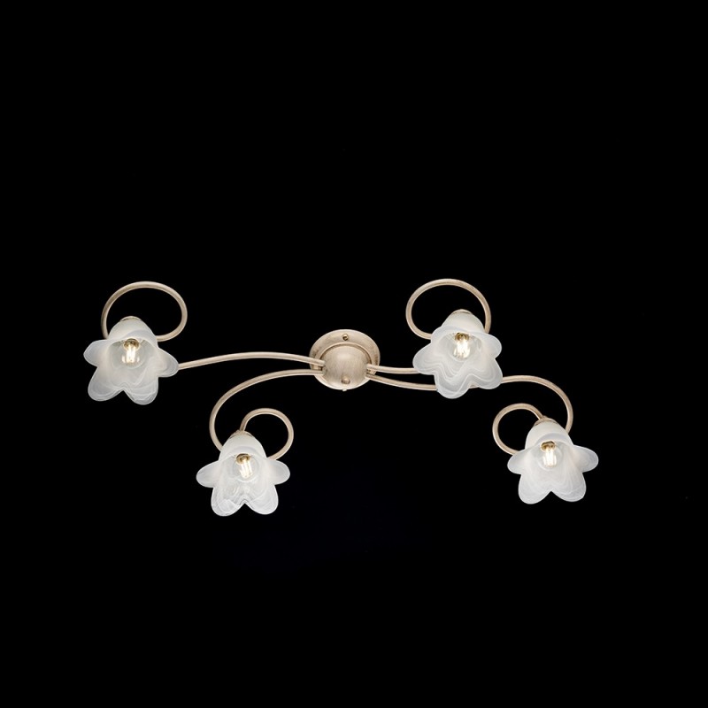 Plafoniera fiori  in ferro Avorio Oro quattro luci paralumi  87x40x h17 cm
