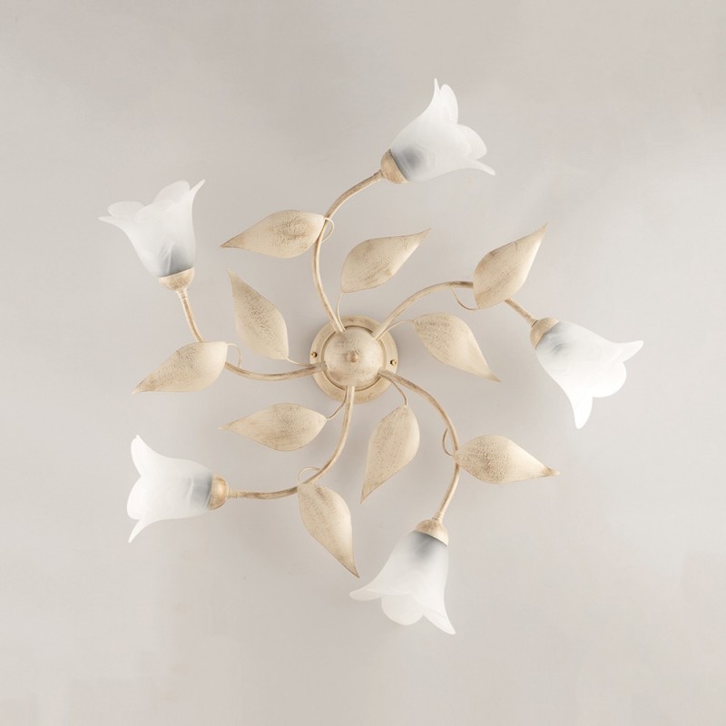 Plafoniera in ferro Avorio Oro cinque luci vetri Alabastro Bianchi 70x h20 cm