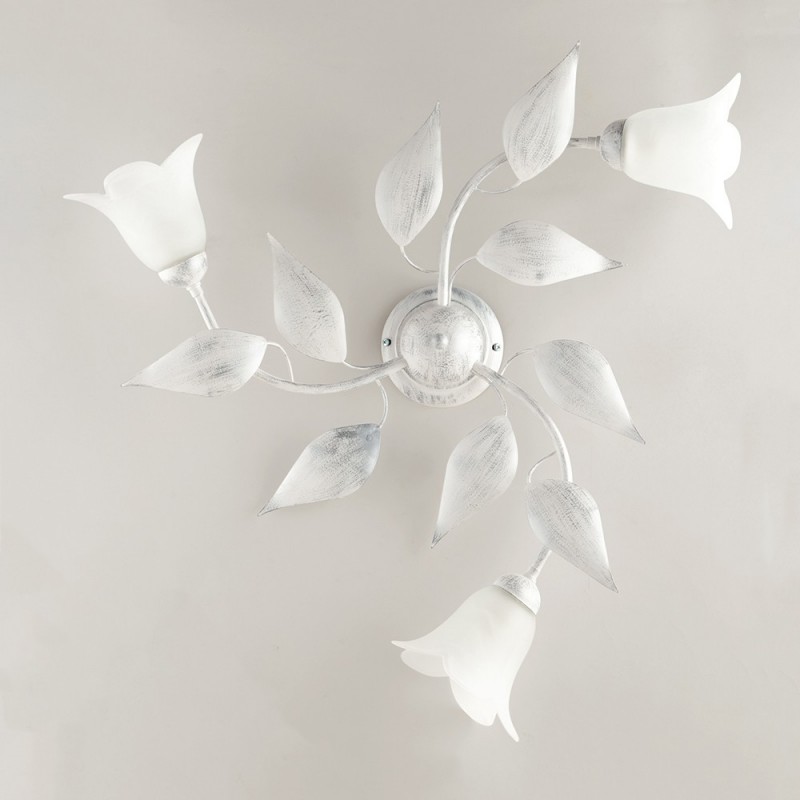 Plafoniera in ferro Bianco Argento tre luci vetri Alabastro Bianchi 67x h20 cm