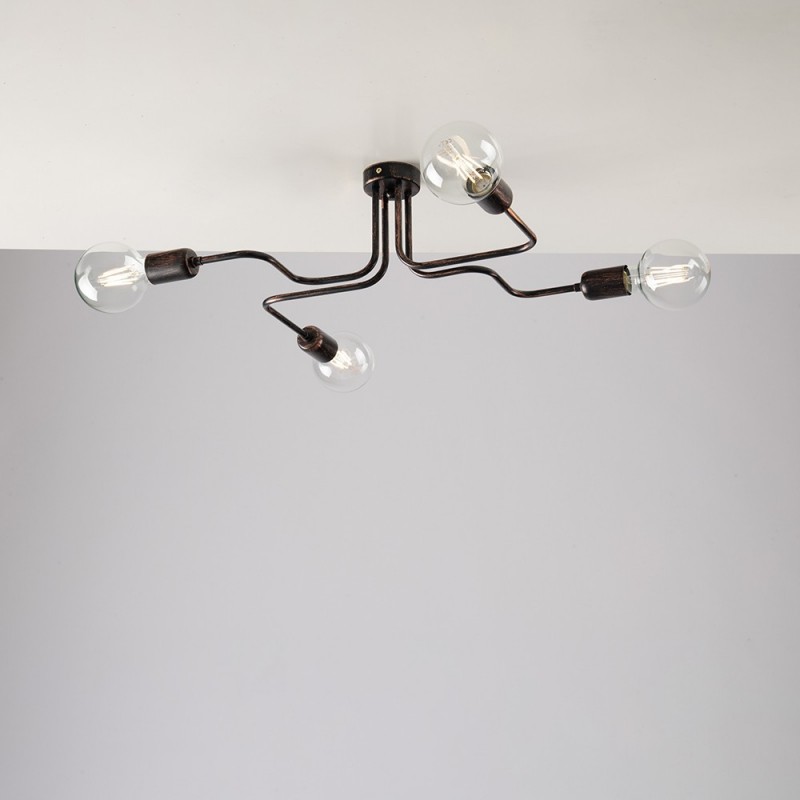Plafoniera in ferro Nero con decorazione Rame quattro luci 57x44x h17 cm