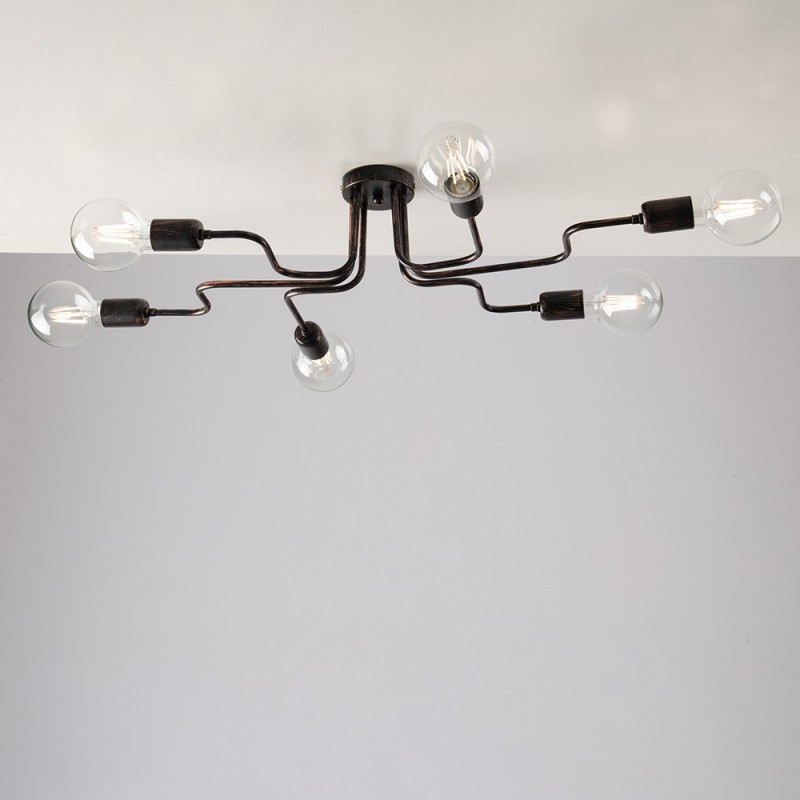 Plafoniera in ferro Nero con decorazione Rame sei luci 83x48x h17 cm