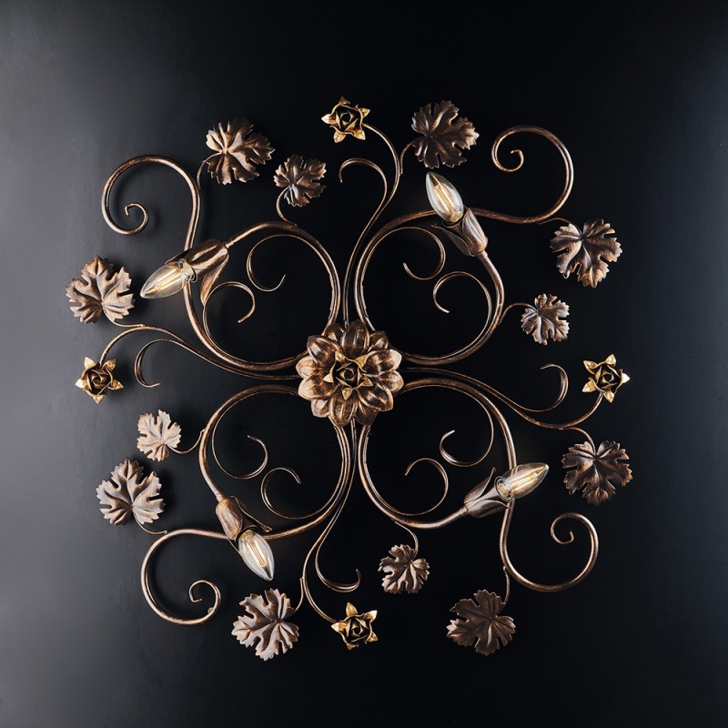 Plafoniera rosoni in ferro Marrone Oro quattro luci 76x67x h17 cm
