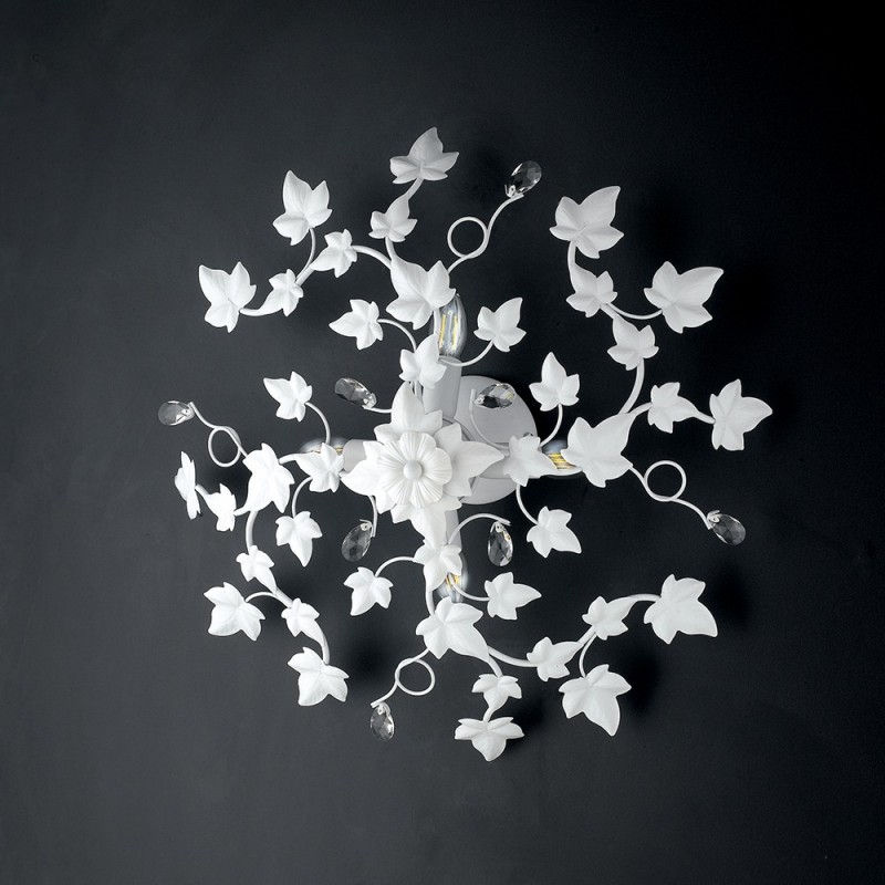 Plafoniera shabby in ferro quattro luci Bianco con strass cm 60 edera