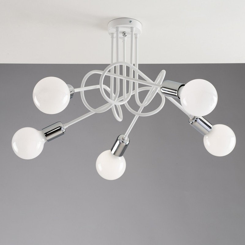 Plafoniera urban in ferro Bianco rifinitura Cromo cinque luci 52x h33 cm