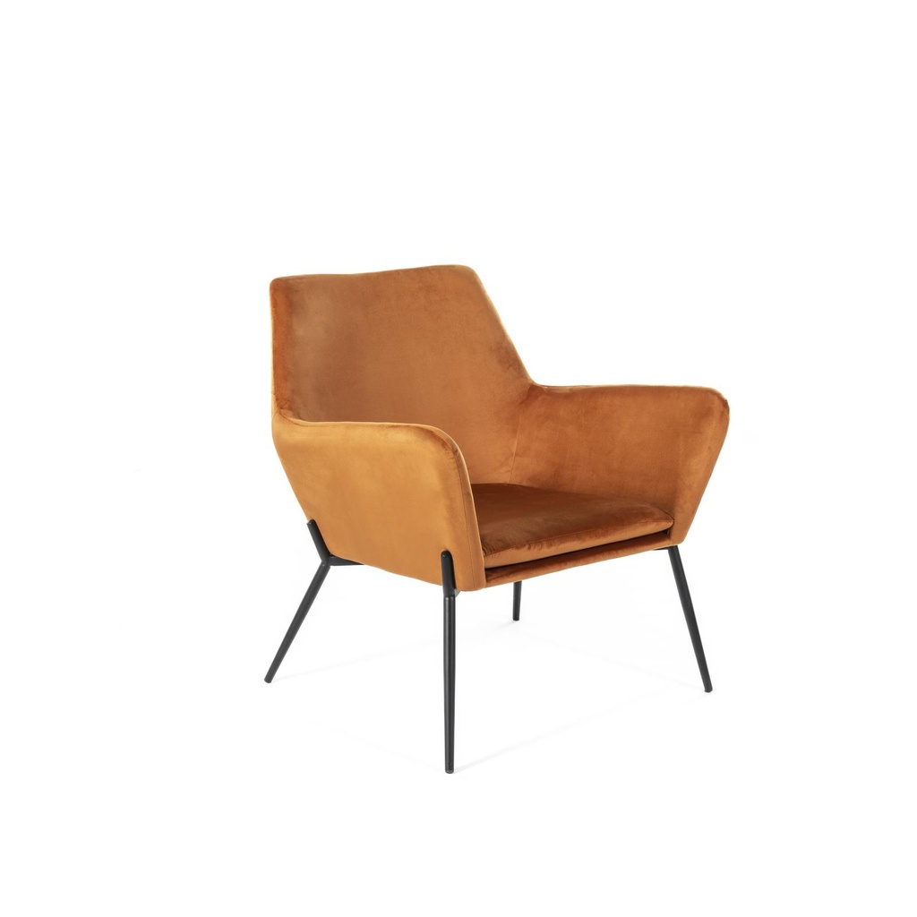 Poltrona elegante in velluto con struttura in metallo, rivestimento caramello e base nera, 70x71,5x79 cm