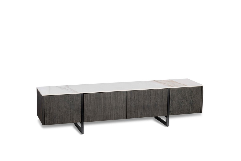 Porta TV elegante in bianco e grigio scuro, 40x180x45 cm, con top in ceramica marmo Calacatta e struttura in MDF impiallacciato rovere
