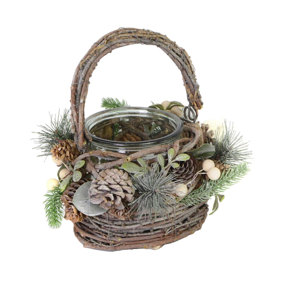 Portacandele con manico pigne e bacche bianche 16x16x27 cm