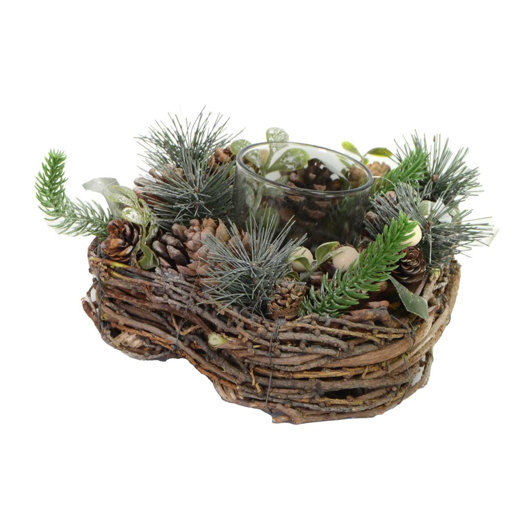 Portacandele con pigne e bacche bianche 19x19x9,5 cm