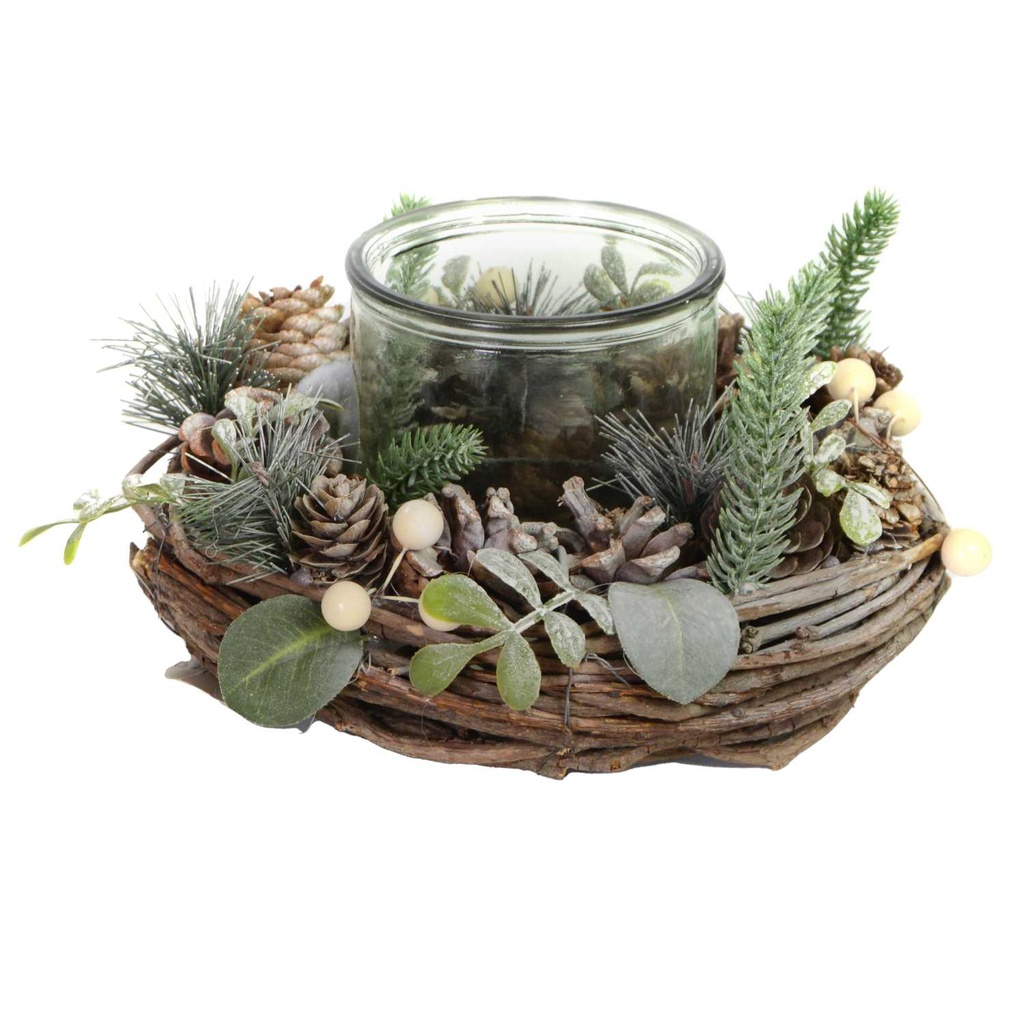 Portacandele con pigne e bacche bianche ø22x11 cm