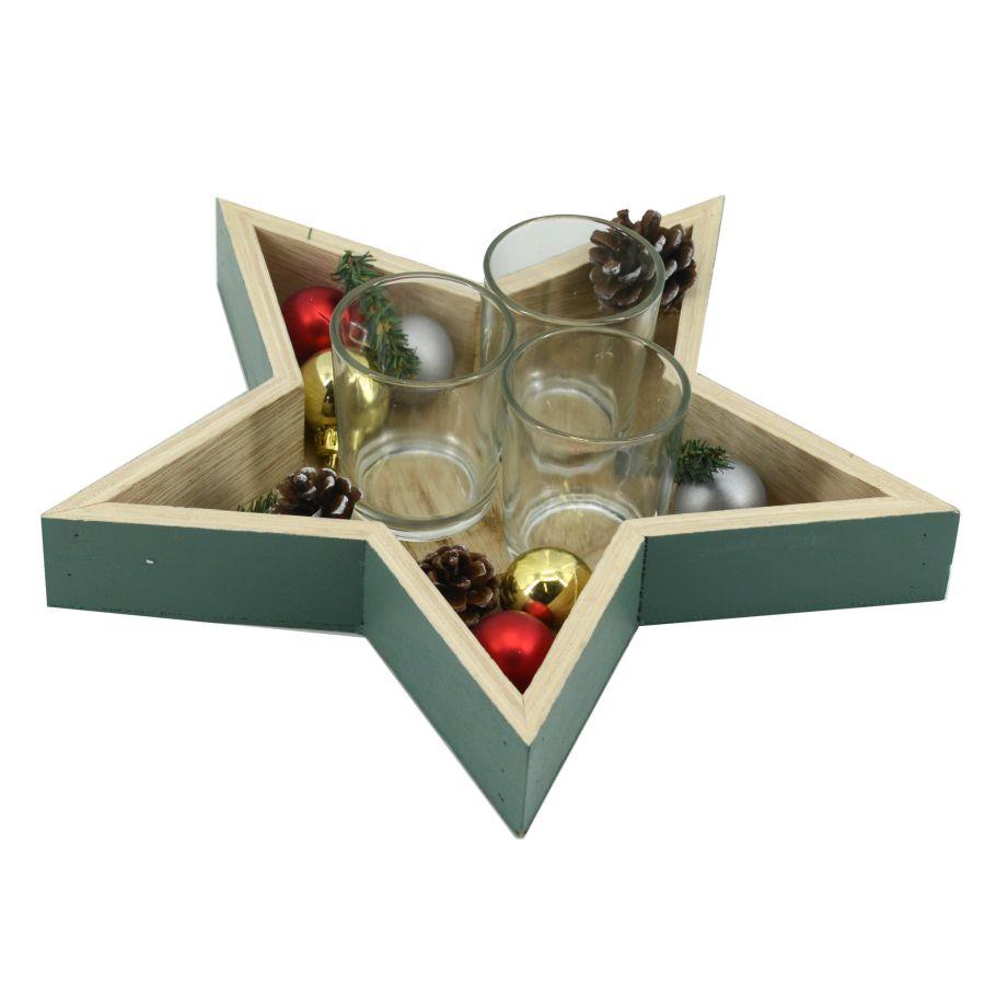 Portacandele in legno naturale verde a forma di stella - Set da 3 - 28x25x8 cm