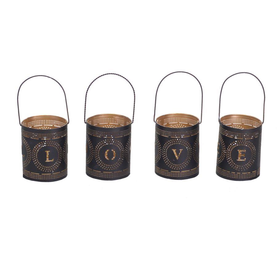 Portacandele in metallo nero e oro, set da 4 pezzi, dimensioni 8x8x10 cm