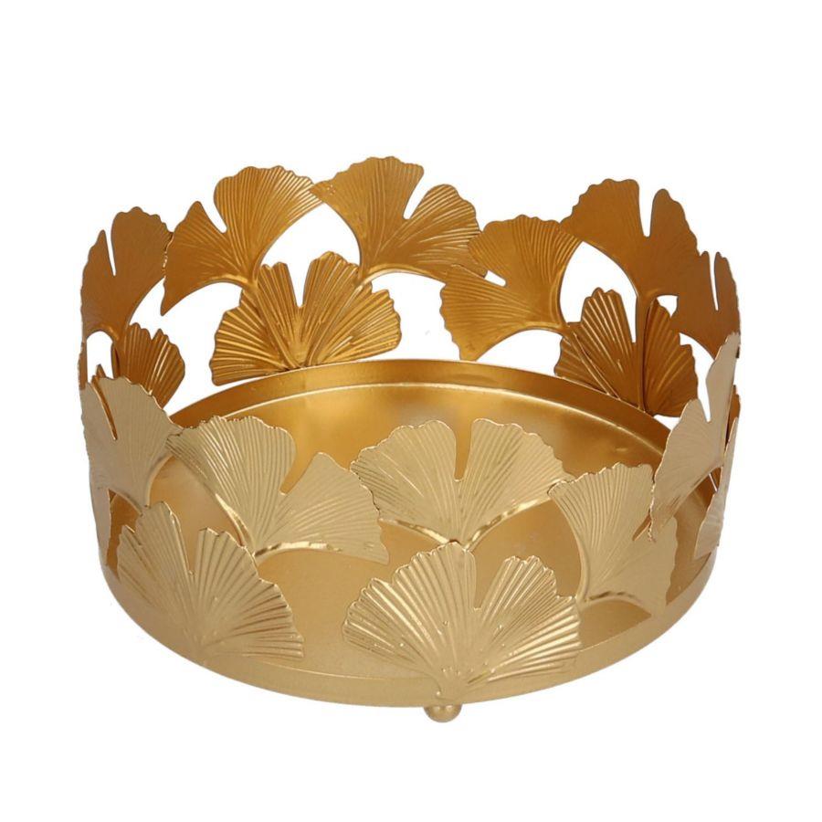 Portacandele in metallo oro con foglie, forma tonda, 1 pezzo, dimensioni 19,5 cm x 19,5 cm x 10 cm