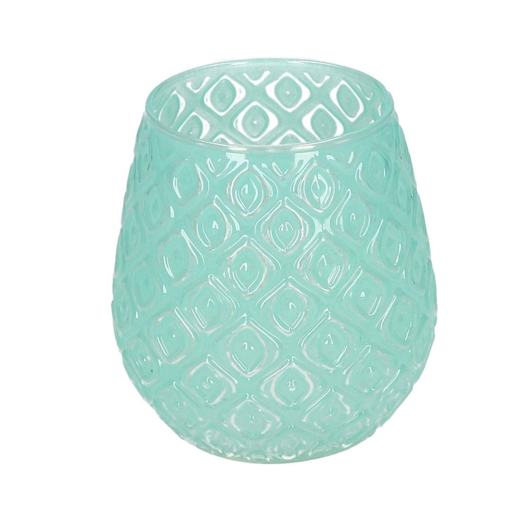 Portacandele in vetro verde con decori tondi - 12,5 cm di larghezza x 12,5 cm di profondità x 13 cm di altezza
