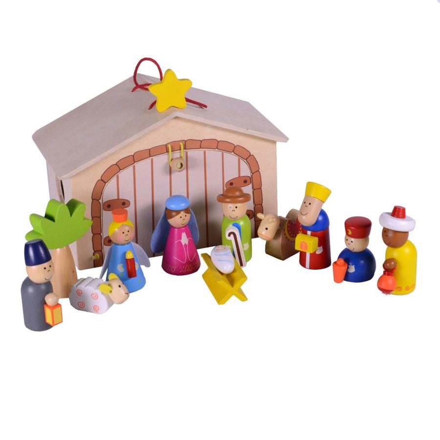 Presepe Natività in Legno Set 13pz con Espositore 23,5x12,8x15,5cm