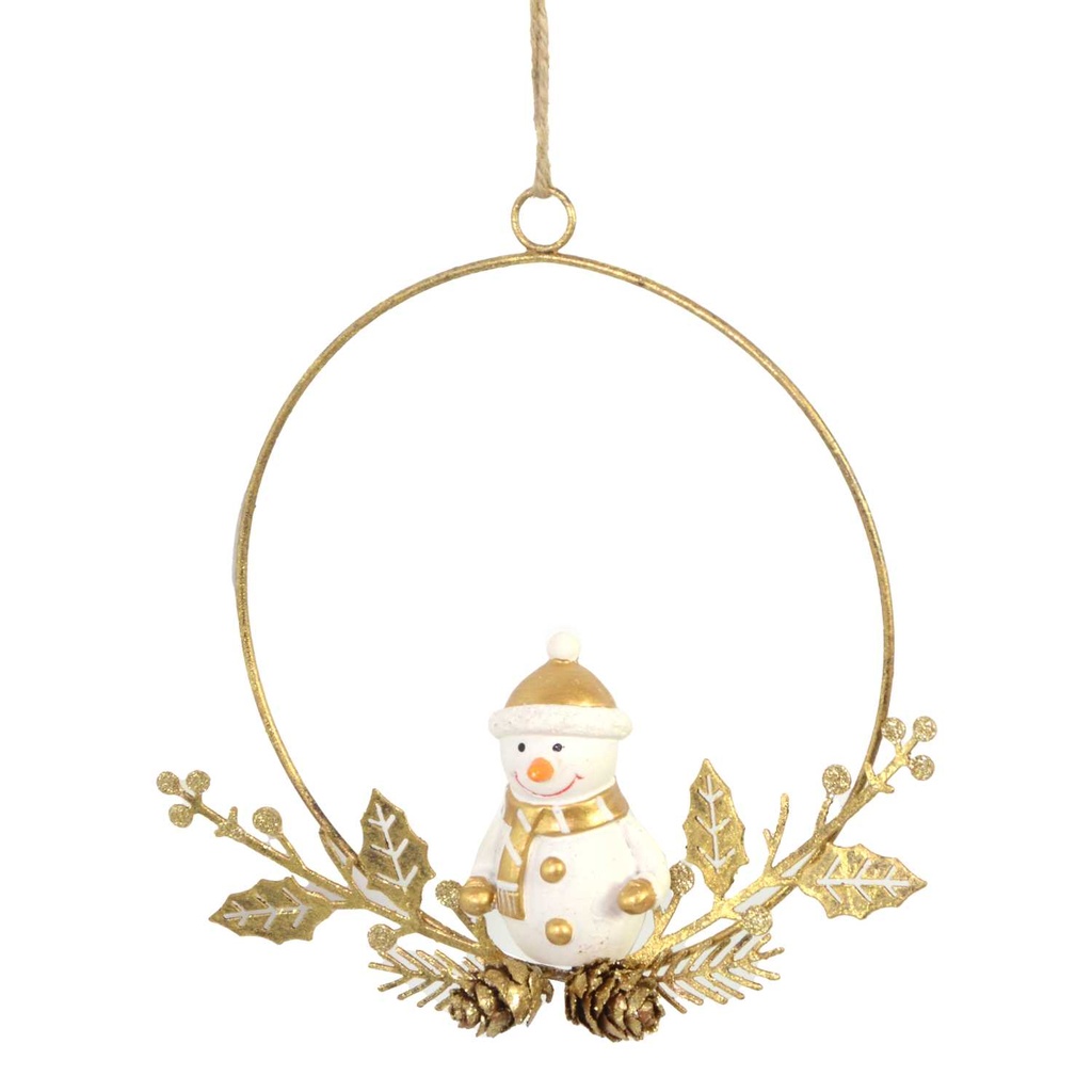 Ghirlanda oro con pupazzo di neve in metallo - 16x16x3 cm
