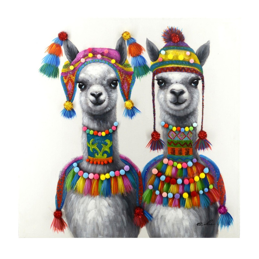 Quadro dipinto lama pompon 3D 80x80x3,5 cm