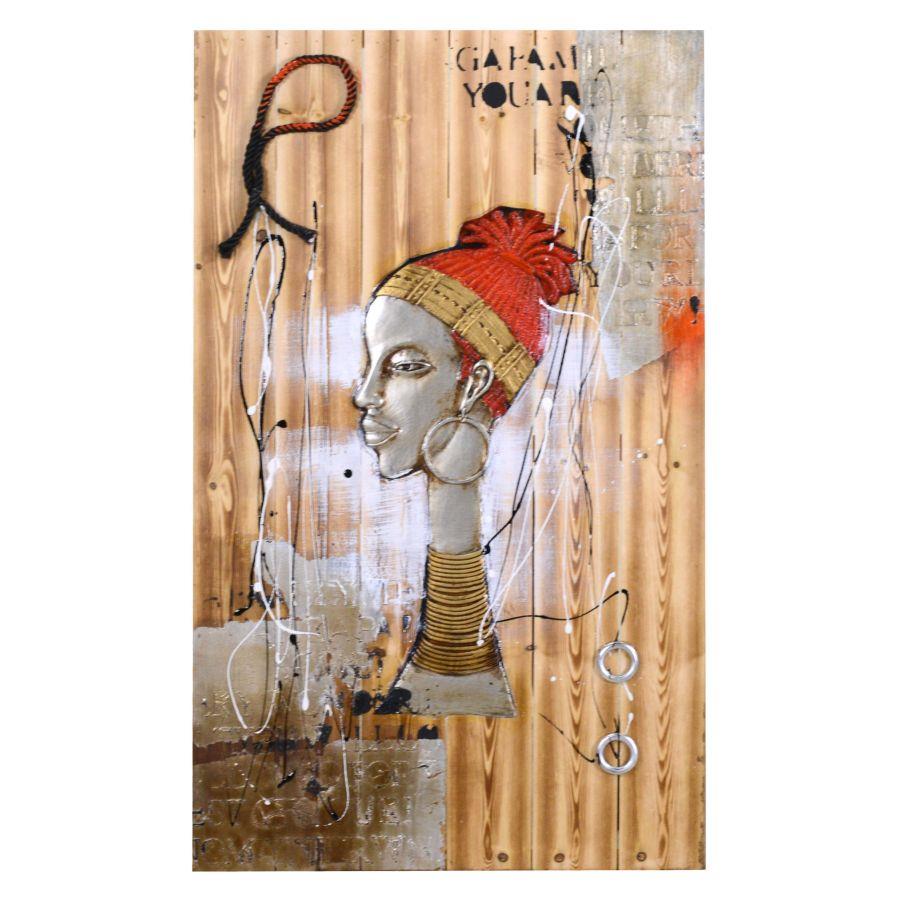 Quadro in legno donna africana con corda 60x90x0,5 cm