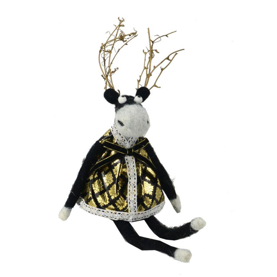 Renna in tessuto nero e oro 13x10x23 cm