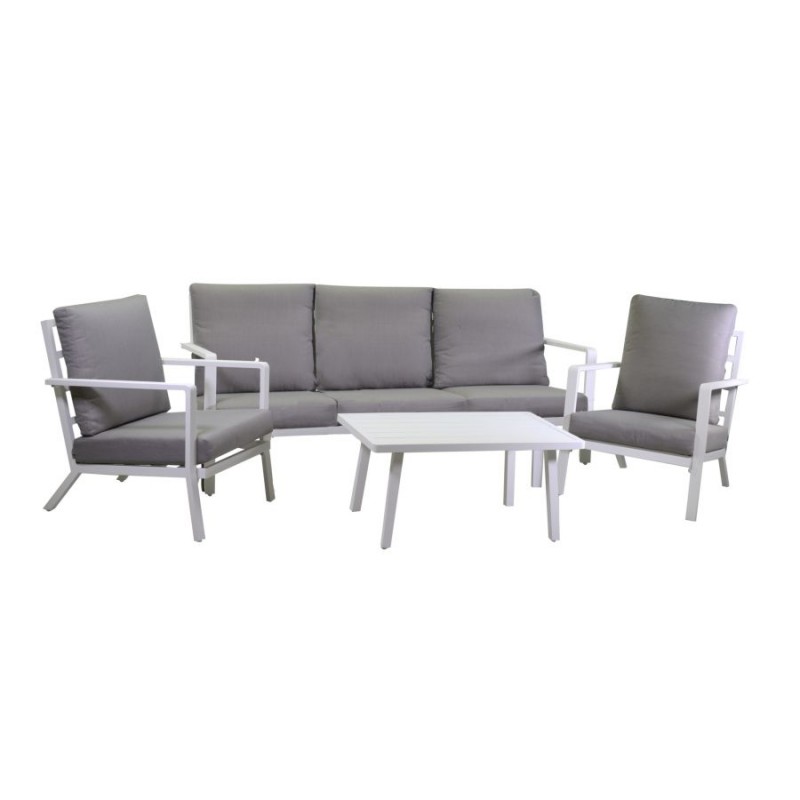 Salotto in alluminio Boston 3 posti bianco con cuscini 4 pezzi - Dimensioni: 2 Poltrone 70x76xh79, Divano 3p 194x68xh80, Tavolino 90x50xh39