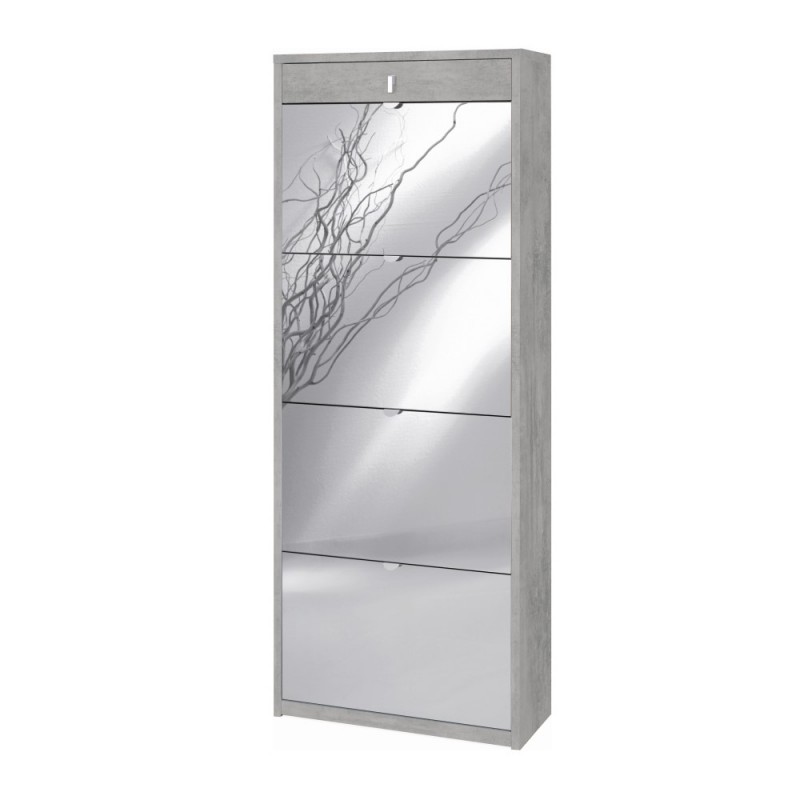Scarpiera a specchio con 4 ante e cassetto superiore Beton Cemento 63x29x164 cm