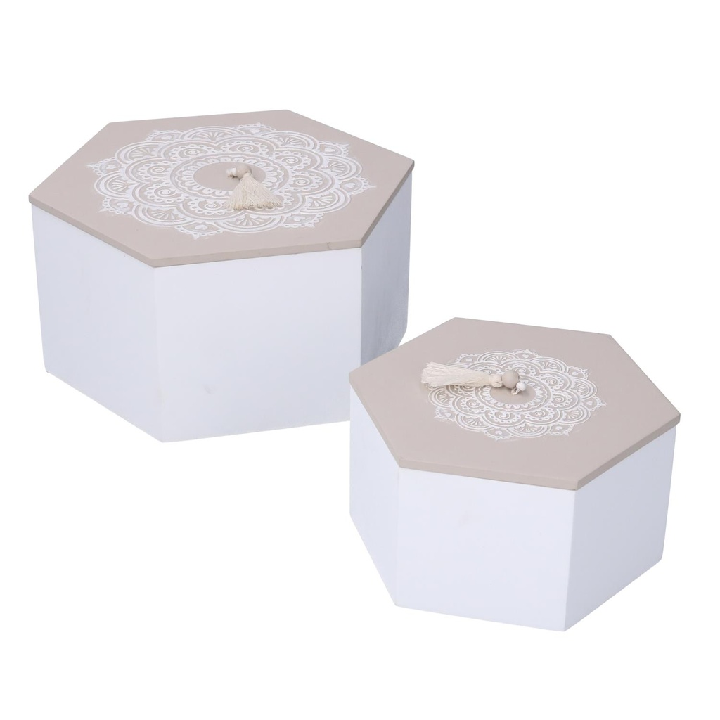 Scatola in legno bianco mandala esagonale 19,5x19,5x10,5 cm