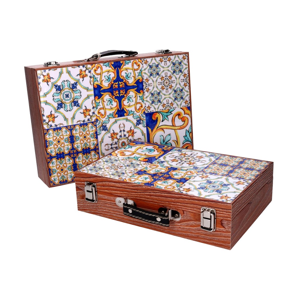 Scatola valigia legno blu marrone cm34x9,3h24