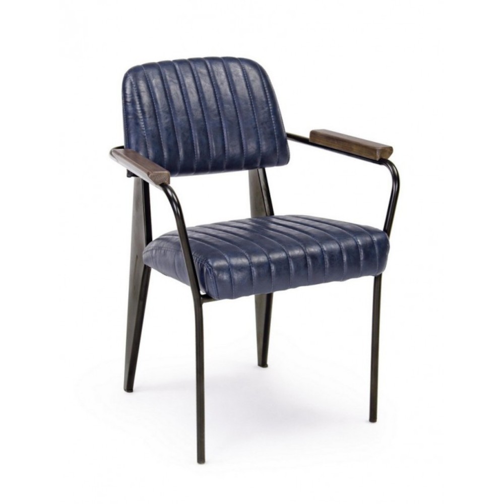 Sedia Nelly stile vintage in ecopelle con braccioli blu 84x63x84 cm