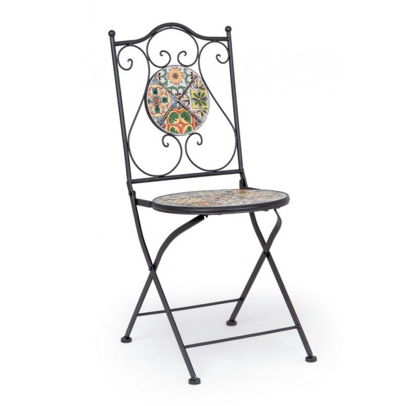 Sedia pieghevole in acciaio con seduta e schienale decorate in ceramica 92h cm