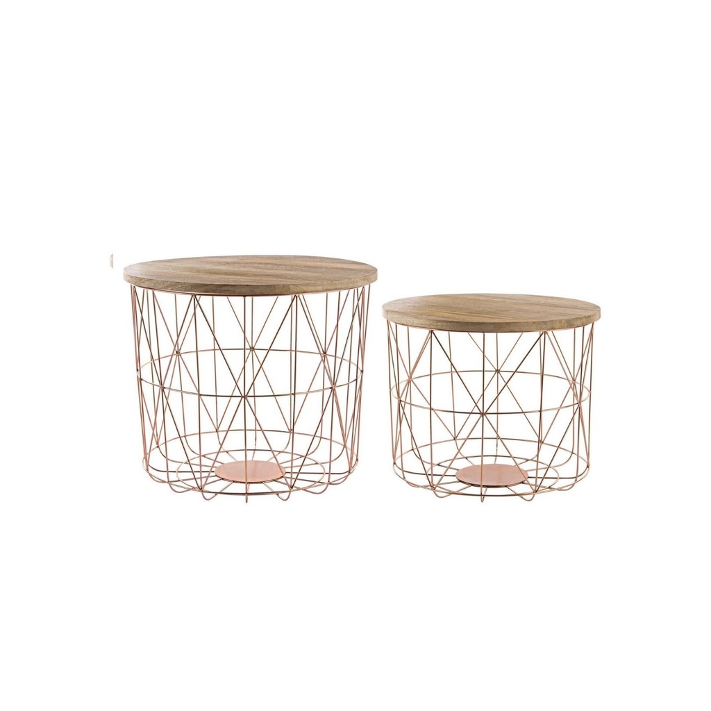 Set 2 Tavolini con Contenitore e Intreccio in Rame - Struttura in Acciaio - Piano in Legno di Mango - Diametro 45 cm e 40 cm - Altezza 39 cm