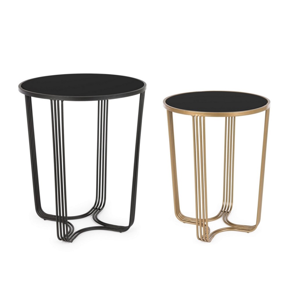 Set 2 Tavolini Oro-Nero in Metallo Stile Design - Ø42cm x 54.5cm, Ø50cm x 60cm