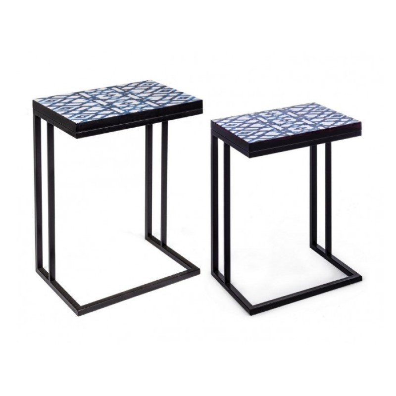Set 2 tavolini in acciaio con piano in mdf decorato con stampa 62.5h 56h cm