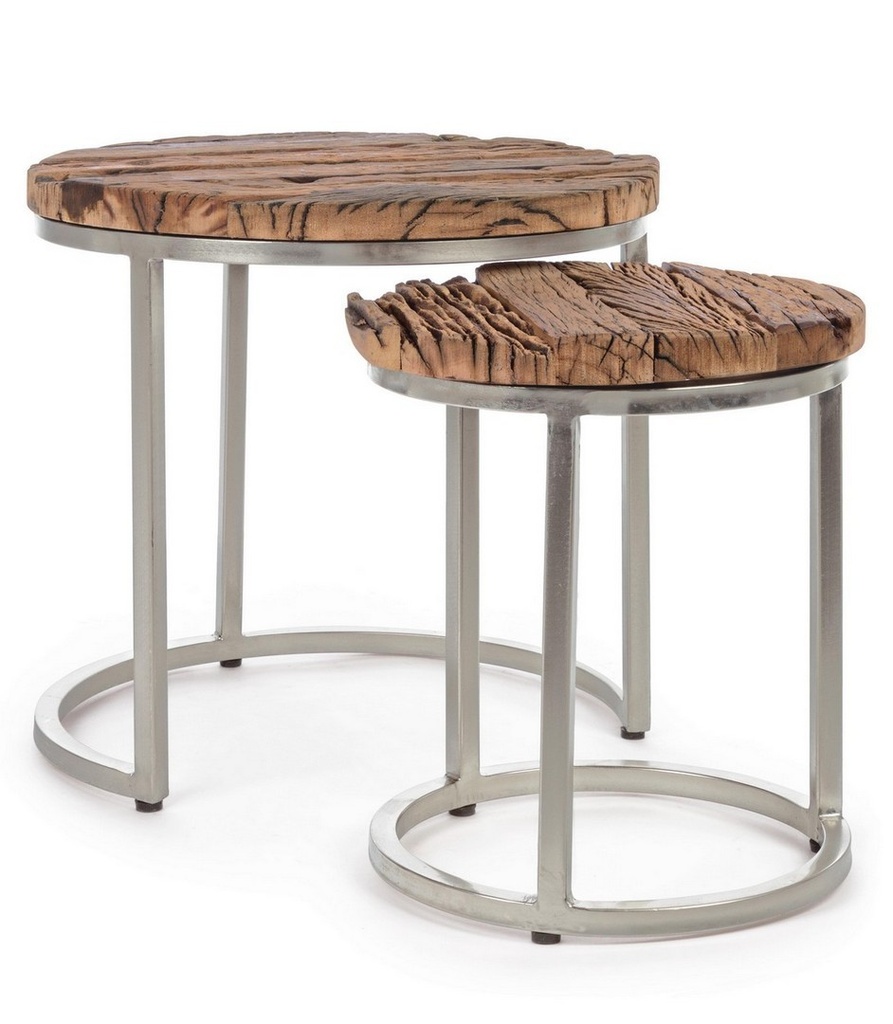 Set 2 tavolini moderno legno metallo Rafter - Grande Ø52 cm Diametro - 51 cm Altezza, Piccolo Ø36 cm Diametro - 43 cm Altezza