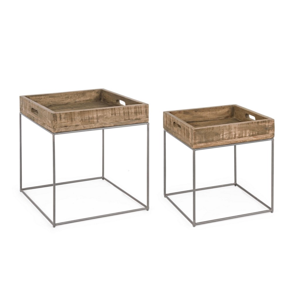 Set 2 tavolini in legno stile industriale, misure 34x37x42 cm e 47x47x50 cm
