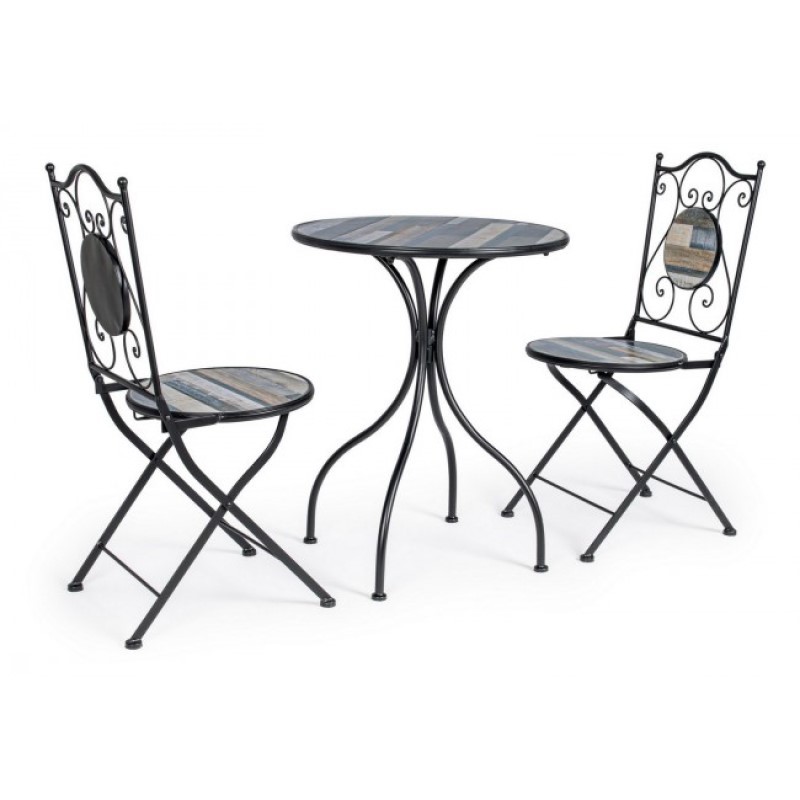Set da giardino tavolo e 2 sedie con decori in ceramica