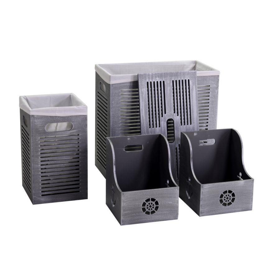 Set di 2 ceste e 2 portatutto in legno grigio di diverse dimensioni