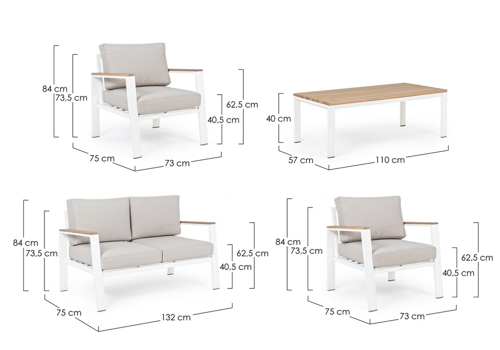 Set salotto giardino Belmar bianco - Poltrone 73x75x84 cm, Divano 132x75x84 cm, Tavolino 110x57x40 cm