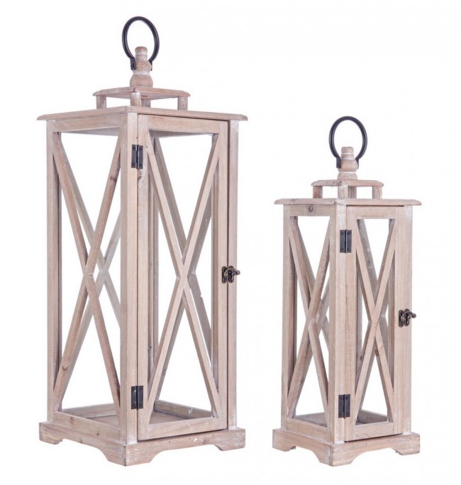 Set2 Lanterna Baita Slim Nat - Legno di Abete, Vetro e Acciaio - Atmosfera Accogliente e Rustica - Dimensioni G: 24x24x63 cm, P: 17x17x48 cm