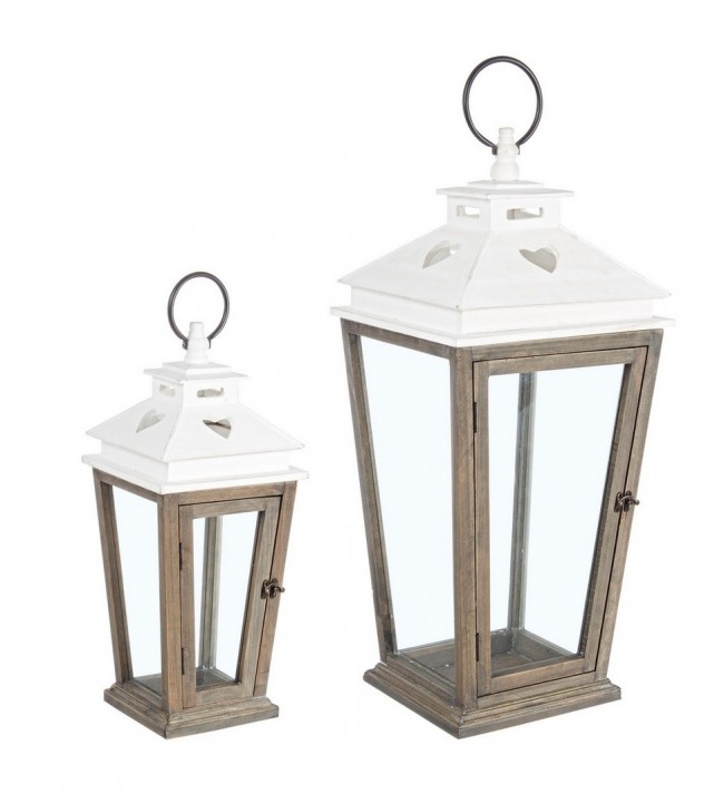 Set di 2 Lanterne a Cuore Bianco-Naturale - Legno di Abete, Ferro, Vetro - Dimensioni: 32x32x73 cm e 24x24x51 cm