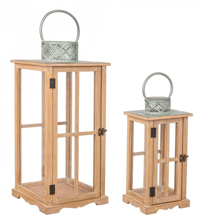 Set2 Lanterna Sharyl Rett Nat-Verde Acqu - Lanterne in Legno, Metallo e Vetro - Dimensioni: 26x26x59 cm e 18x18x39 cm