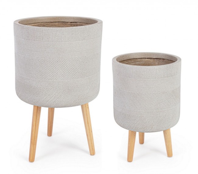 Set2 Vaso Rigo To Treppiede Beige - 2 Vasi da Esterno in Fibra di Argilla con Gambe in Legno