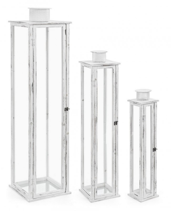 Set di 3 Lanterne Ottawa Bianco - Dimensioni: G: 30x30x129 cm, M: 22x22x103 cm, P: 15,5x15,5x78 cm