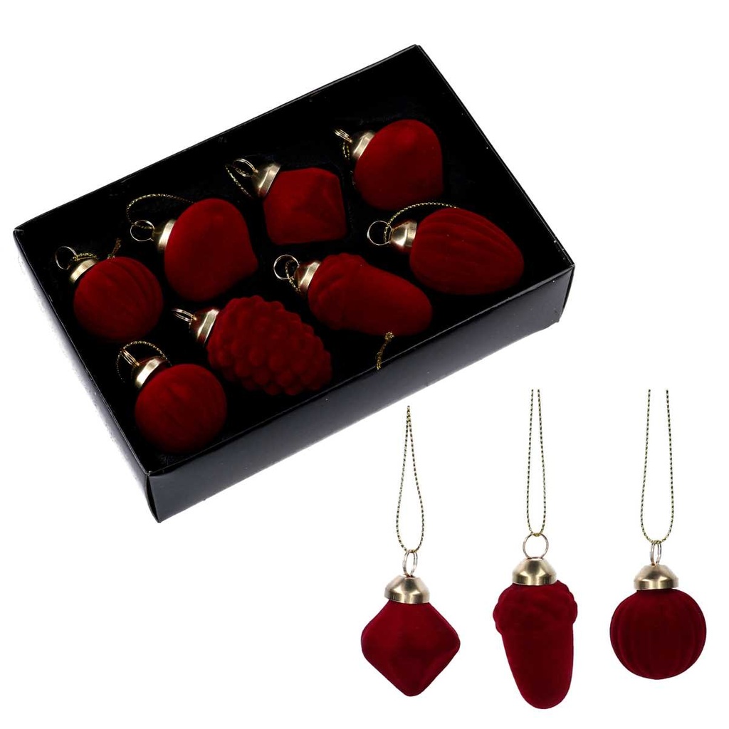 Confezione di 8 sfere di vetro assortite in velluto bordeaux cm17x11h4,5