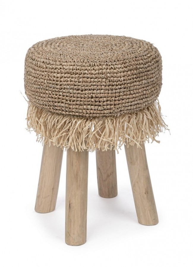 Sgabello Florinda G01 H45 in Teak Naturale con Seduta in Fibra Sisal